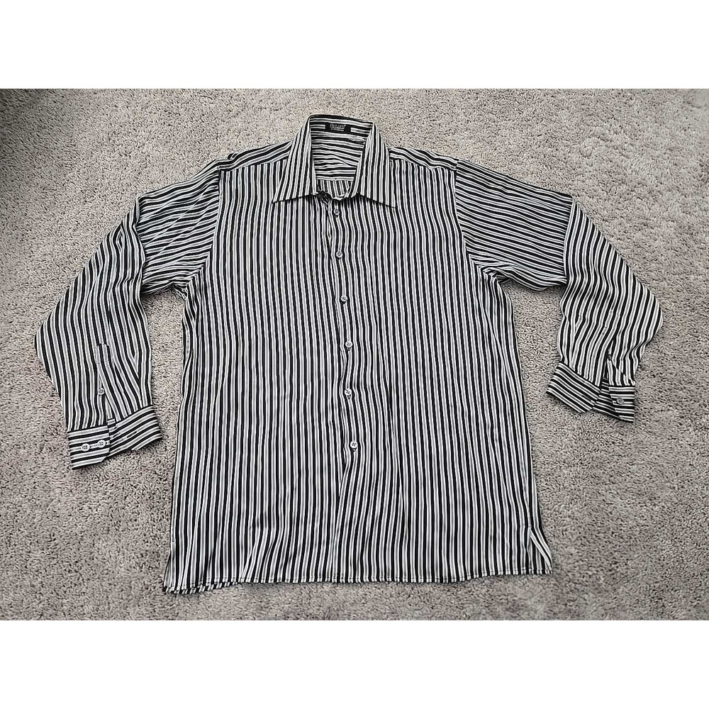 Bernini‎ Button Up Shirt Mens XXL Gray Striped 100% Silk Platinum Preppy Casual
